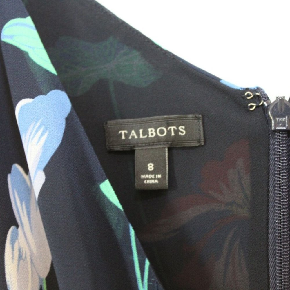 Talbots Floral V-Neck Chiffon Pleated Dress Ribbon Navy Women's Size 8 H12694 - Picture 4 of 11